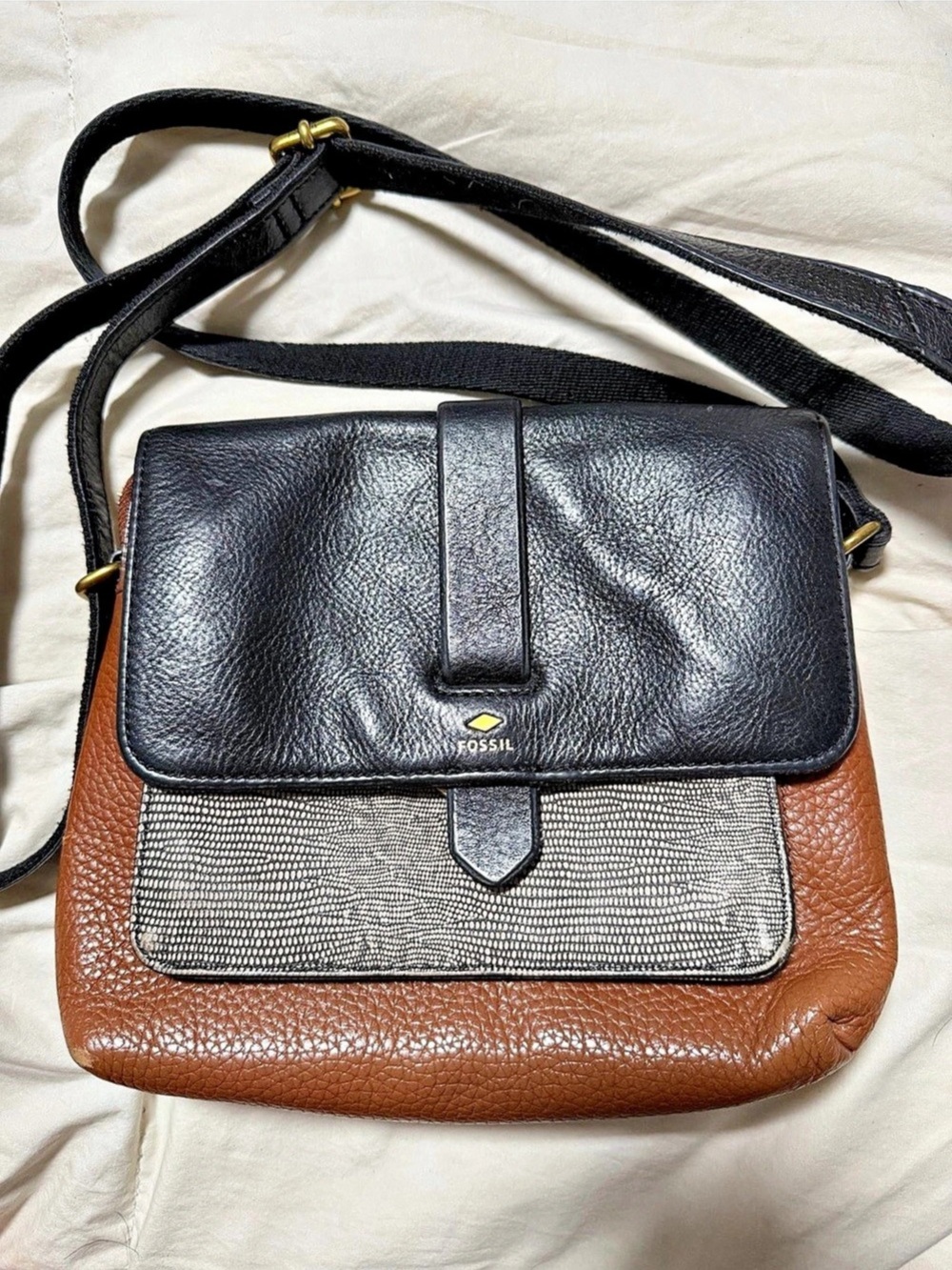 Fossil Leather Crossbody Bag in Brown & Black